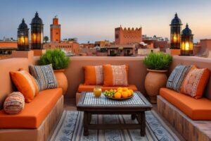Riad con terraza al atardecer, con las linternas encendidas, con vistas a la medina de Marrakech