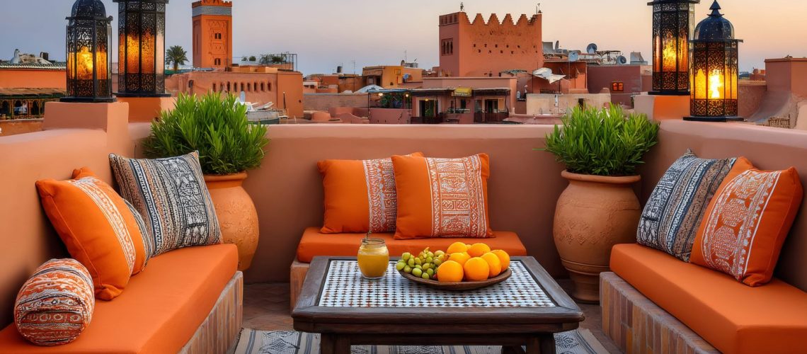 Riad rooftop at dusk, lanterns lit, overlooking the Marrakech medina